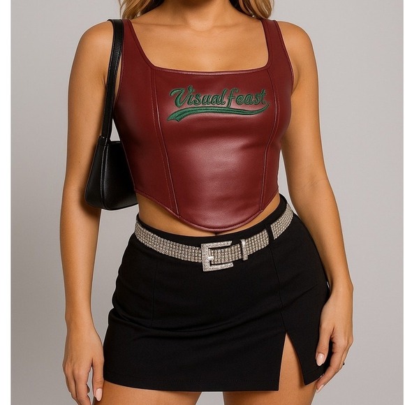 New Small Vegan Leather Burgundy Red Corset Bustier Tank Sleeveless‎ Top - Picture 4 of 4